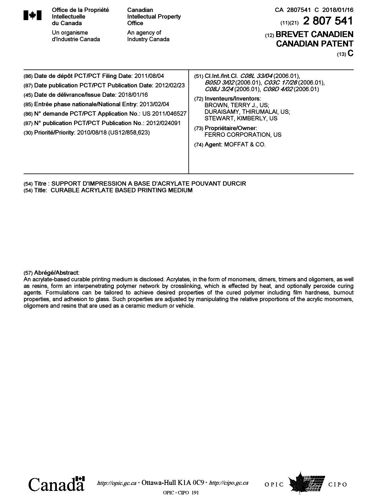 Document de brevet canadien 2807541. Page couverture 20171229. Image 1 de 1