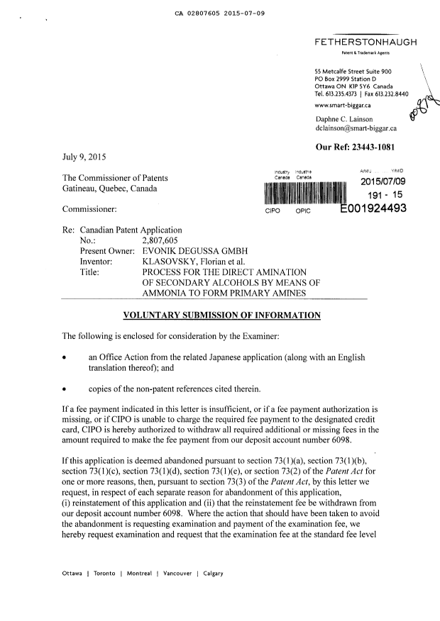 Document de brevet canadien 2807605. Poursuite-Amendment 20141209. Image 1 de 2