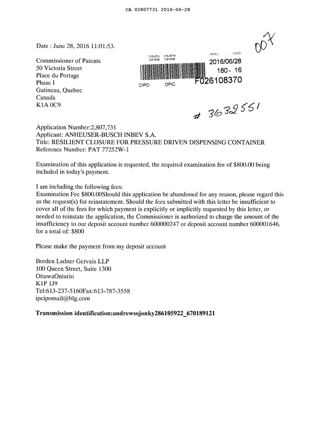 Document de brevet canadien 2807731. Poursuite-Amendment 20151228. Image 1 de 1
