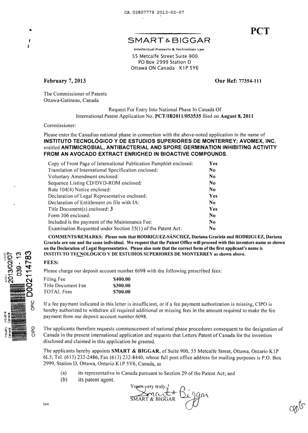 Document de brevet canadien 2807779. Cession 20130207. Image 1 de 13