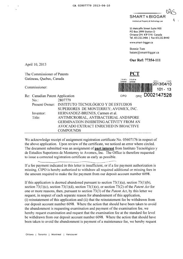 Document de brevet canadien 2807779. Cession 20130410. Image 1 de 3