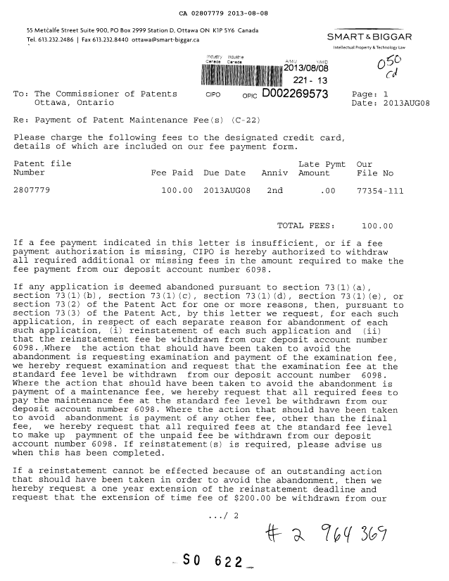 Document de brevet canadien 2807779. Taxes 20130808. Image 1 de 2