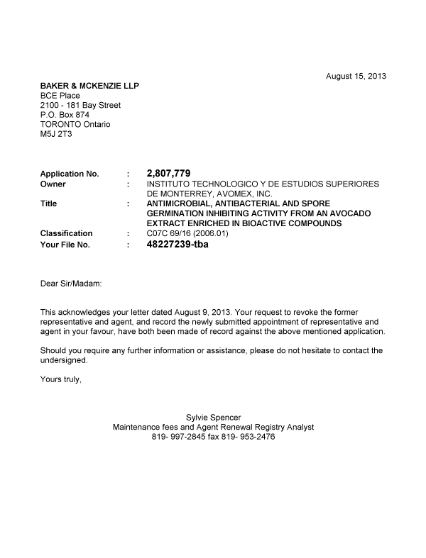 Document de brevet canadien 2807779. Correspondance 20130815. Image 1 de 1