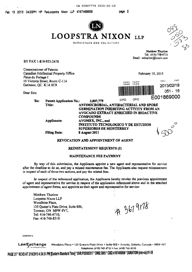 Document de brevet canadien 2807779. Correspondance 20150219. Image 1 de 6