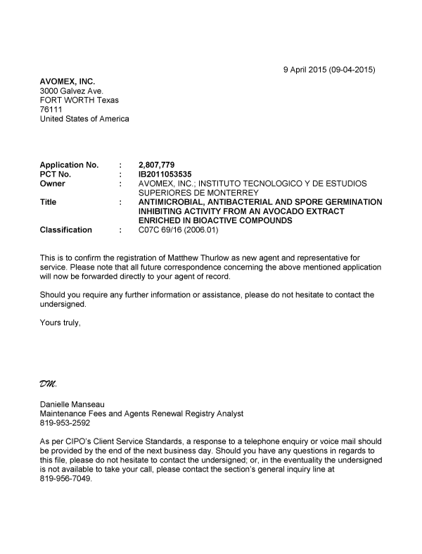 Document de brevet canadien 2807779. Correspondance 20150409. Image 1 de 1