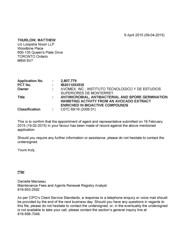 Document de brevet canadien 2807779. Correspondance 20150409. Image 1 de 1