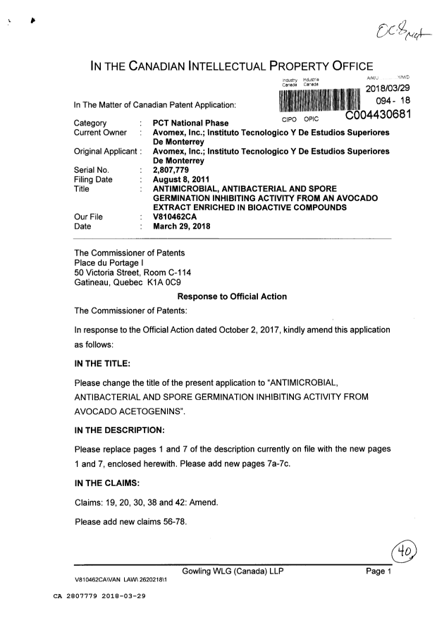 Document de brevet canadien 2807779. Modification 20180329. Image 1 de 40