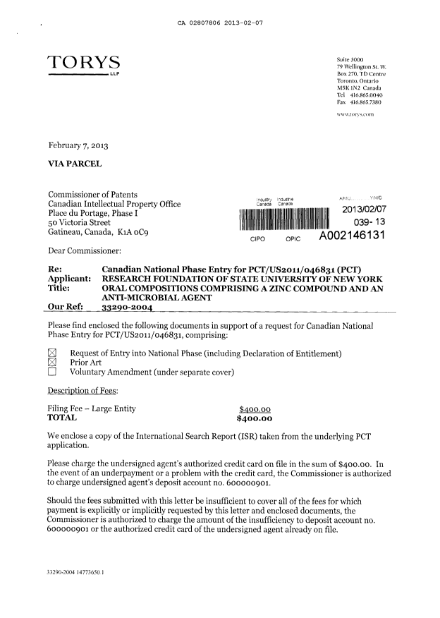 Canadian Patent Document 2807806. Assignment 20130207. Image 1 of 4