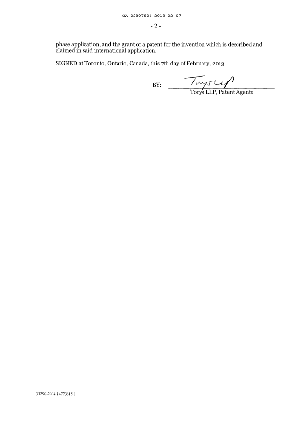 Document de brevet canadien 2807806. Cession 20130207. Image 4 de 4