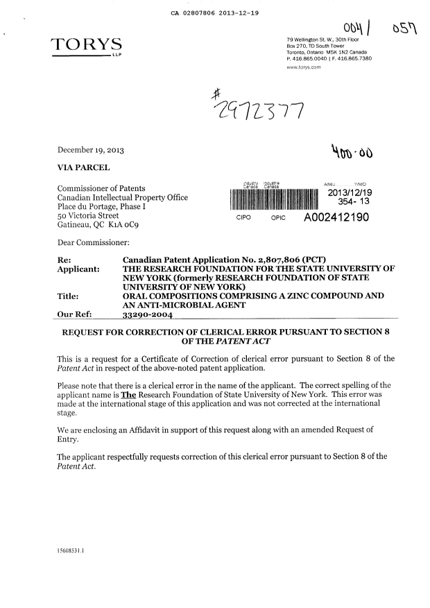 Canadian Patent Document 2807806. Correspondence 20131219. Image 1 of 3