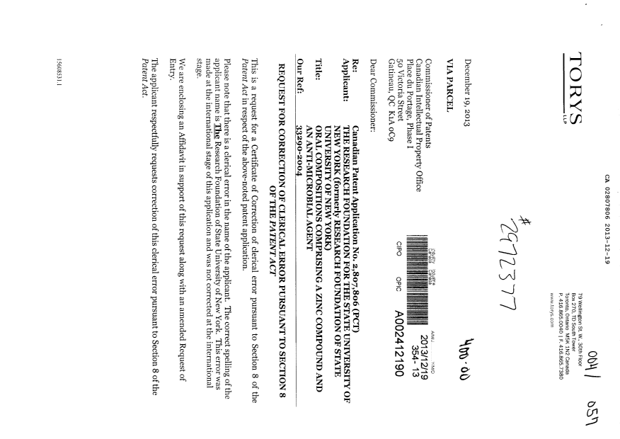 Document de brevet canadien 2807806. Correspondance 20131219. Image 1 de 3