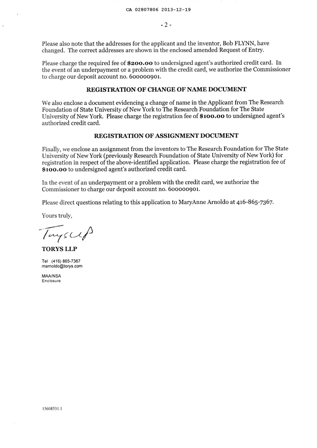 Document de brevet canadien 2807806. Correspondance 20131219. Image 2 de 3