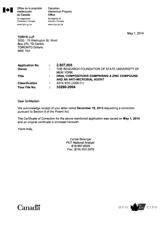 Document de brevet canadien 2807806. Poursuite-Amendment 20140501. Image 1 de 2