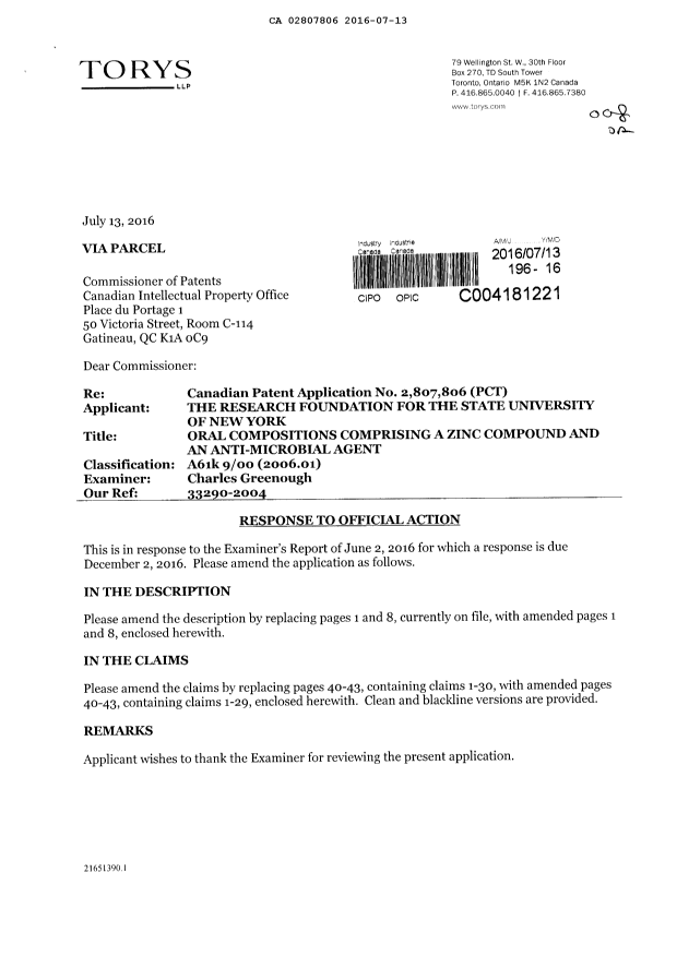 Canadian Patent Document 2807806. Amendment 20160713. Image 1 of 13