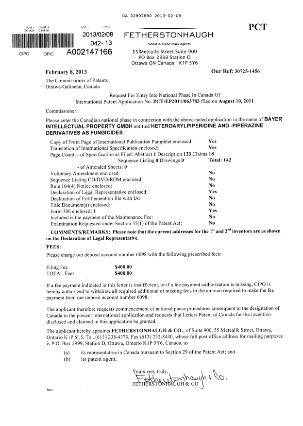 Canadian Patent Document 2807880. Assignment 20130208. Image 1 of 4