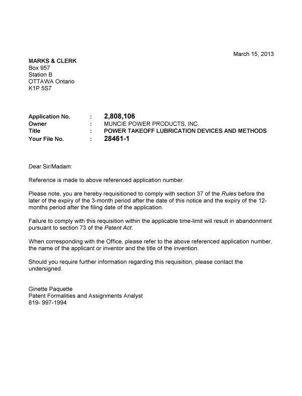 Document de brevet canadien 2808106. Correspondance 20121215. Image 1 de 1