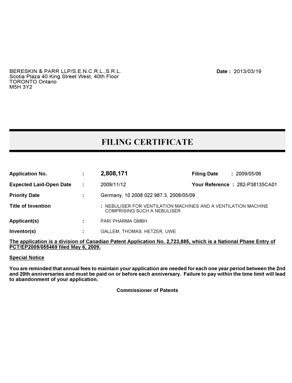 Document de brevet canadien 2808171. Correspondance 20121219. Image 1 de 1