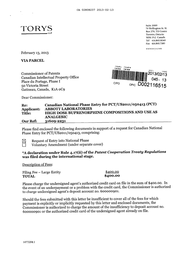 Document de brevet canadien 2808237. Cession 20130213. Image 1 de 4