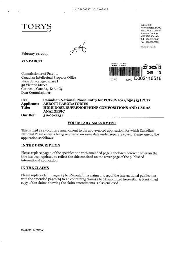 Document de brevet canadien 2808237. Poursuite-Amendment 20130213. Image 1 de 11
