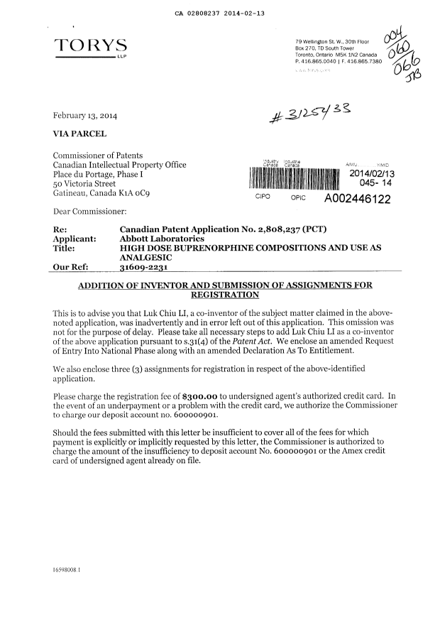 Document de brevet canadien 2808237. Correspondance 20140213. Image 1 de 4