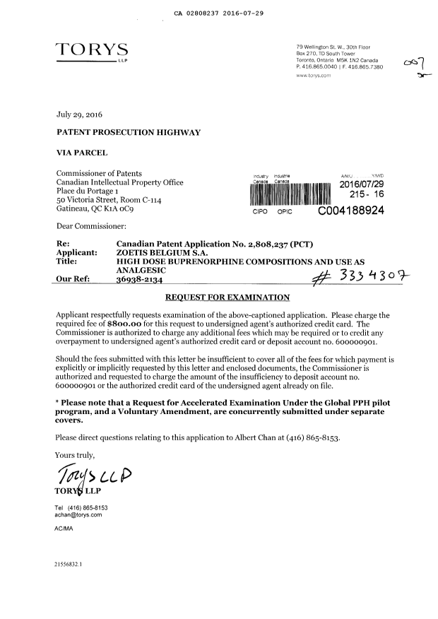 Document de brevet canadien 2808237. Requête d'examen 20160729. Image 1 de 1
