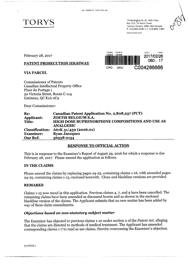 Document de brevet canadien 2808237. Modification 20170228. Image 1 de 6