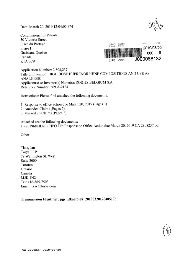 Document de brevet canadien 2808237. Modification 20190320. Image 1 de 8
