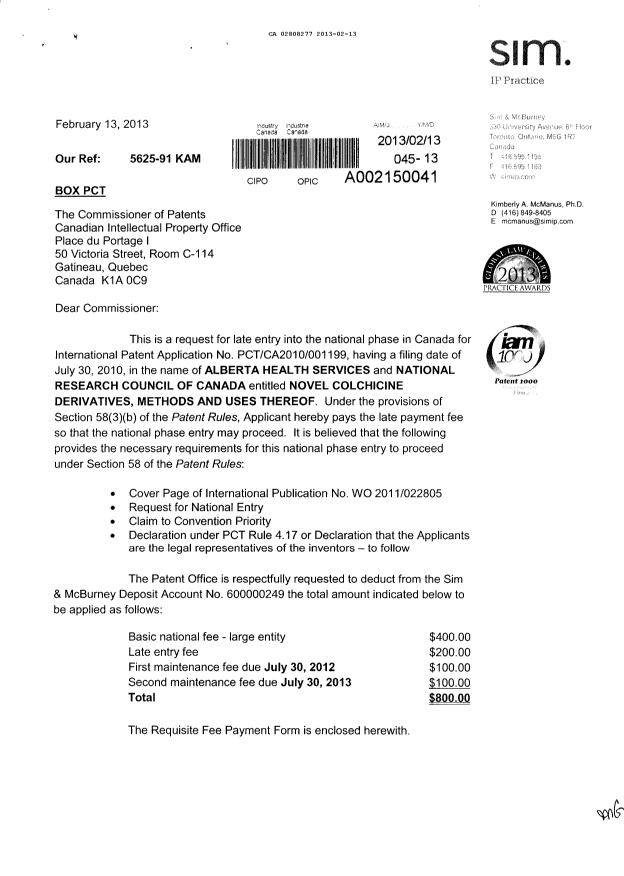 Document de brevet canadien 2808277. Cession 20130213. Image 1 de 4