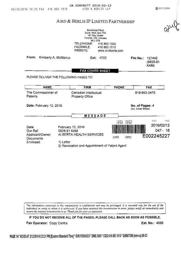 Document de brevet canadien 2808277. Changement de nomination d'agent 20160212. Image 1 de 4