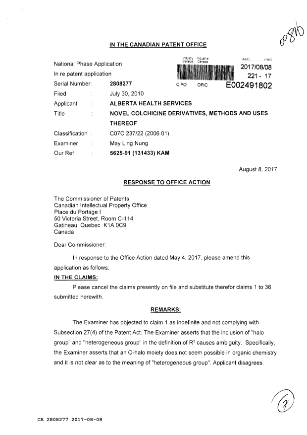 Document de brevet canadien 2808277. Modification 20170808. Image 1 de 7