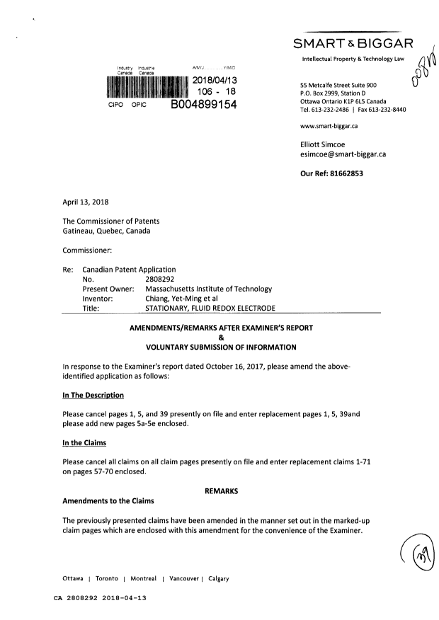 Document de brevet canadien 2808292. Modification 20180413. Image 1 de 39