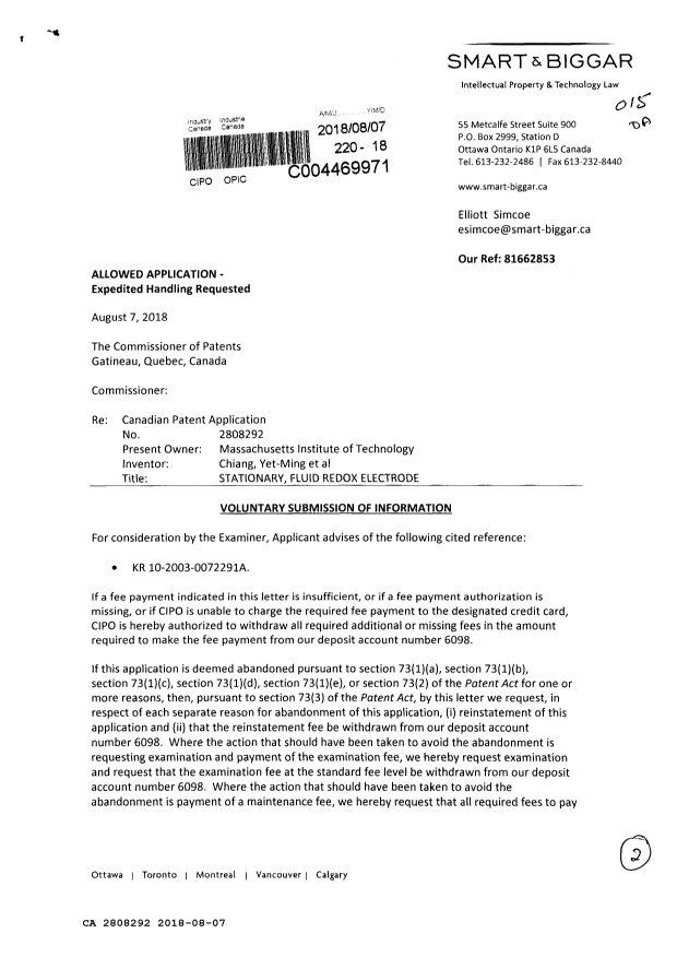 Document de brevet canadien 2808292. Modification après acceptation 20180807. Image 1 de 2