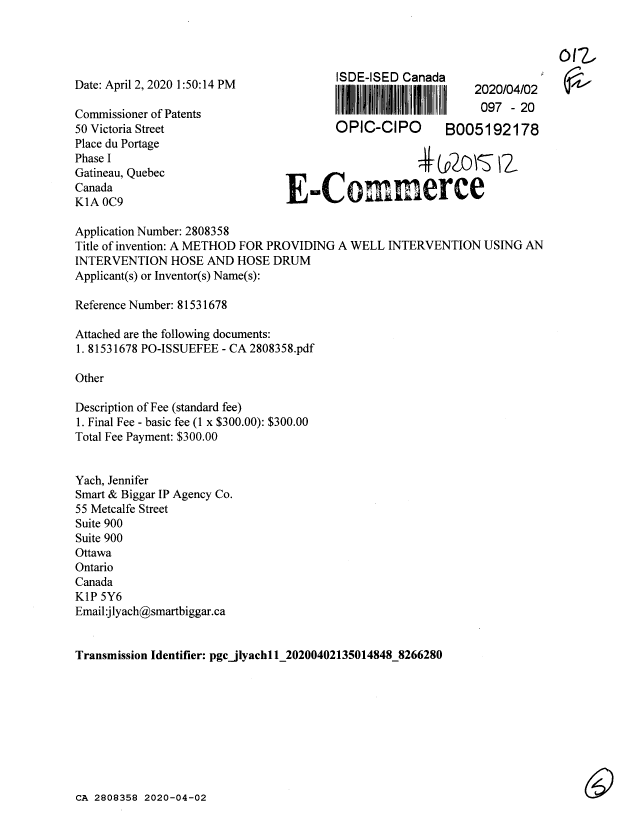 Document de brevet canadien 2808358. Taxe finale 20200402. Image 1 de 5