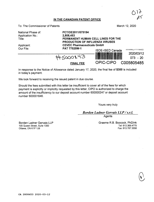 Document de brevet canadien 2808453. Taxe finale 20200312. Image 1 de 1