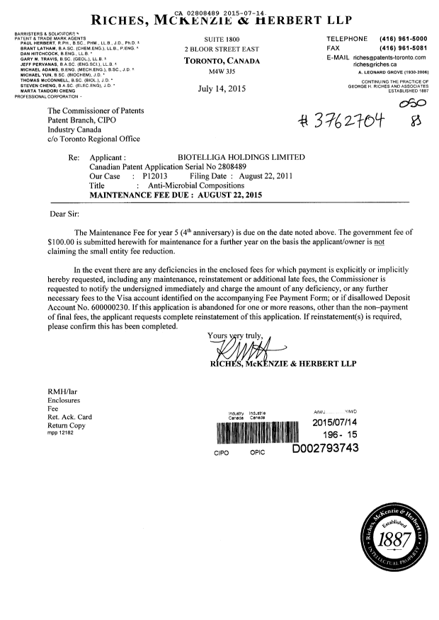 Document de brevet canadien 2808489. Taxes 20141214. Image 1 de 1
