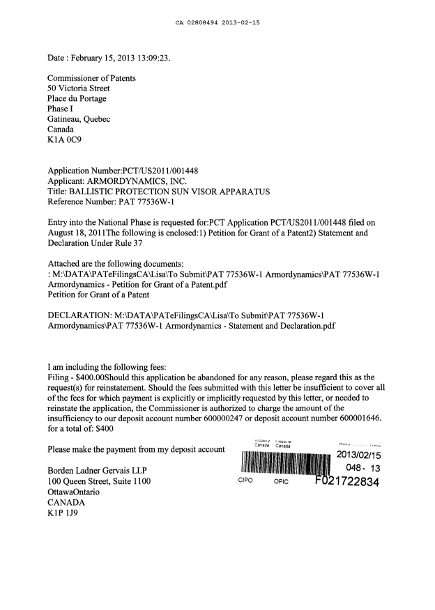 Document de brevet canadien 2808494. Cession 20130215. Image 1 de 8
