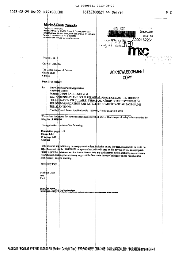 Canadian Patent Document 2808511. Correspondence 20121229. Image 2 of 39