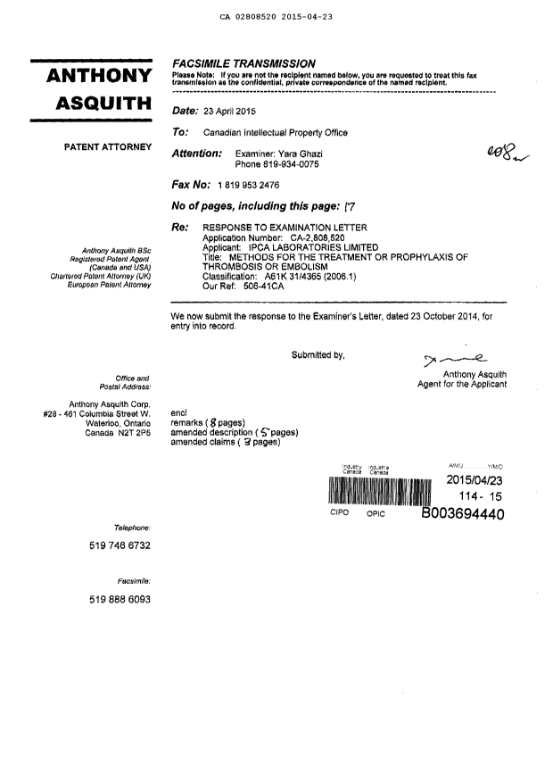 Document de brevet canadien 2808520. Poursuite-Amendment 20141223. Image 1 de 17