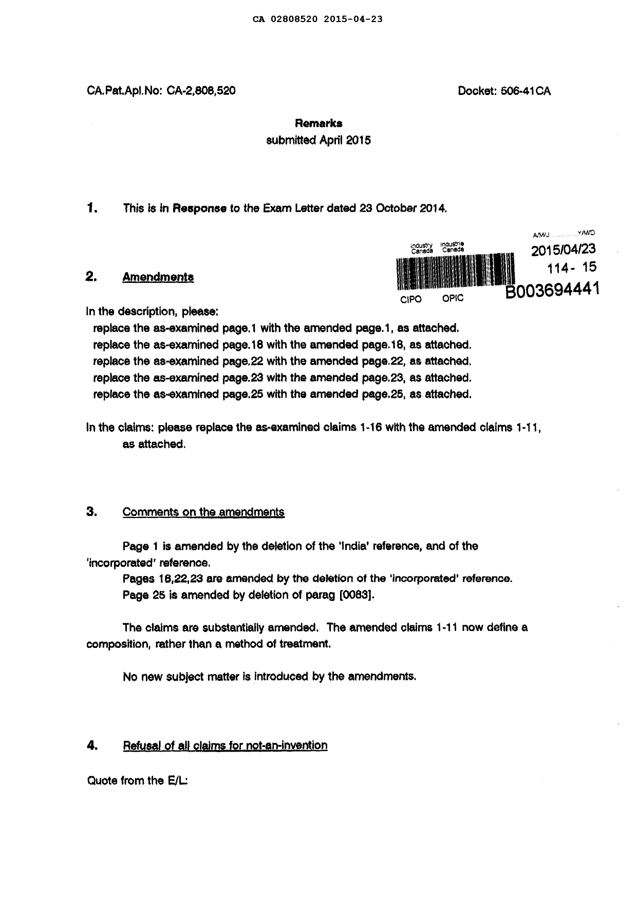 Document de brevet canadien 2808520. Poursuite-Amendment 20141223. Image 2 de 17