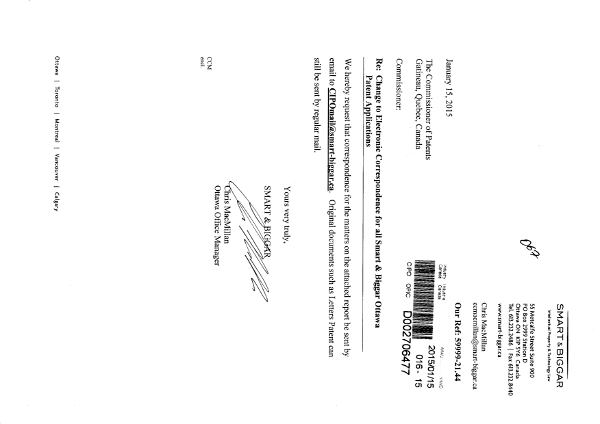 Canadian Patent Document 2808615. Correspondence 20150115. Image 1 of 2
