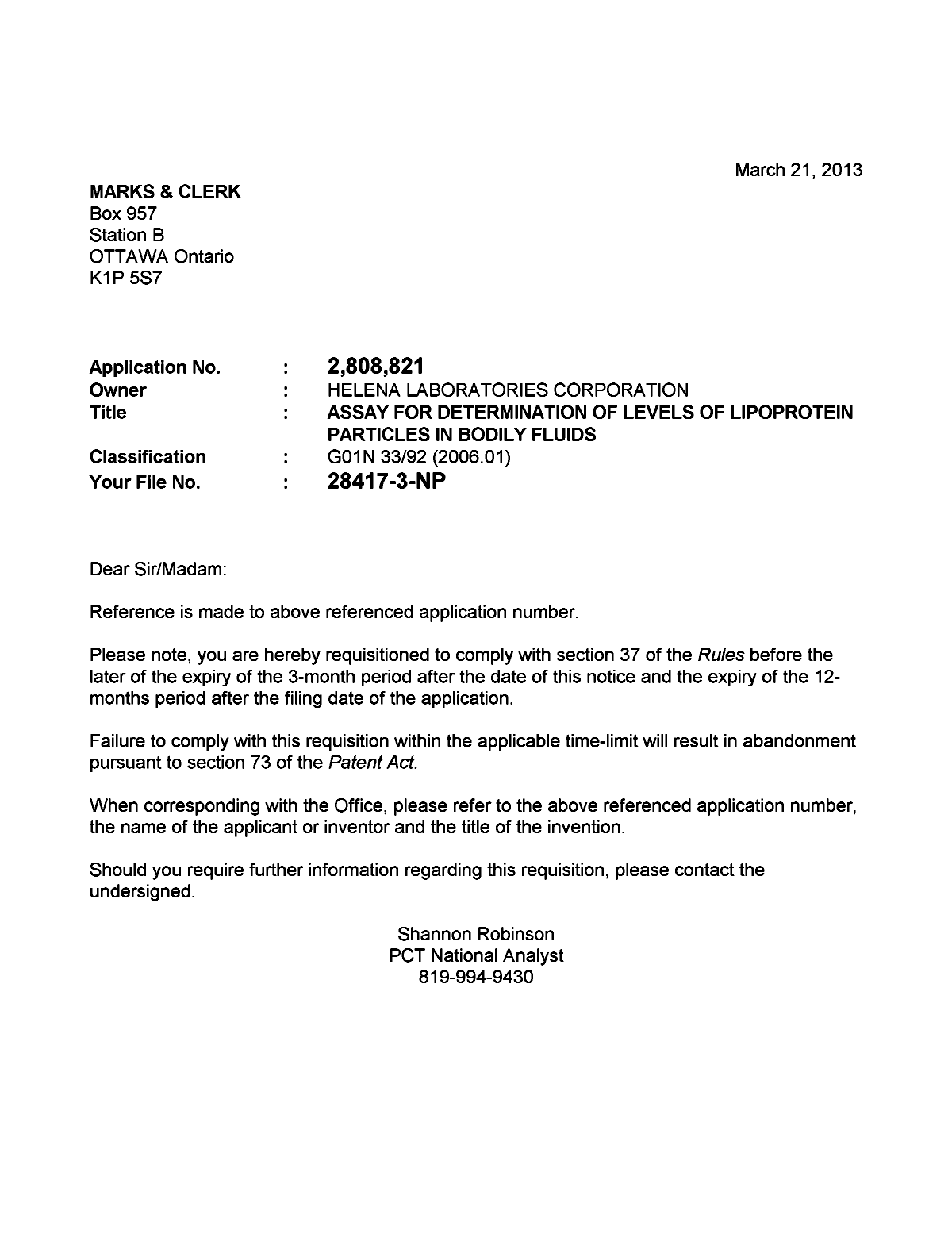 Canadian Patent Document 2808821. Correspondence 20121221. Image 1 of 1