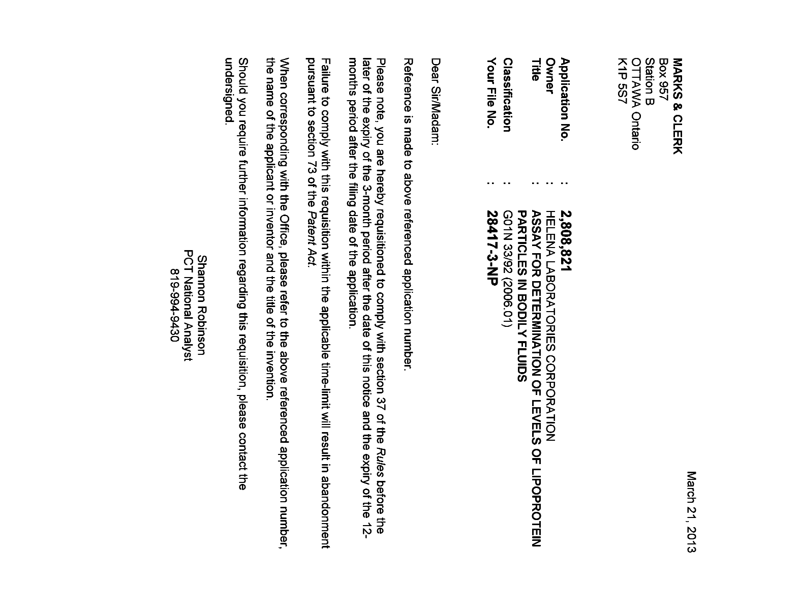Document de brevet canadien 2808821. Correspondance 20121221. Image 1 de 1