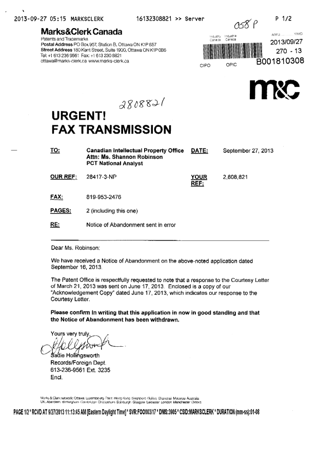 Document de brevet canadien 2808821. Correspondance 20121227. Image 1 de 2