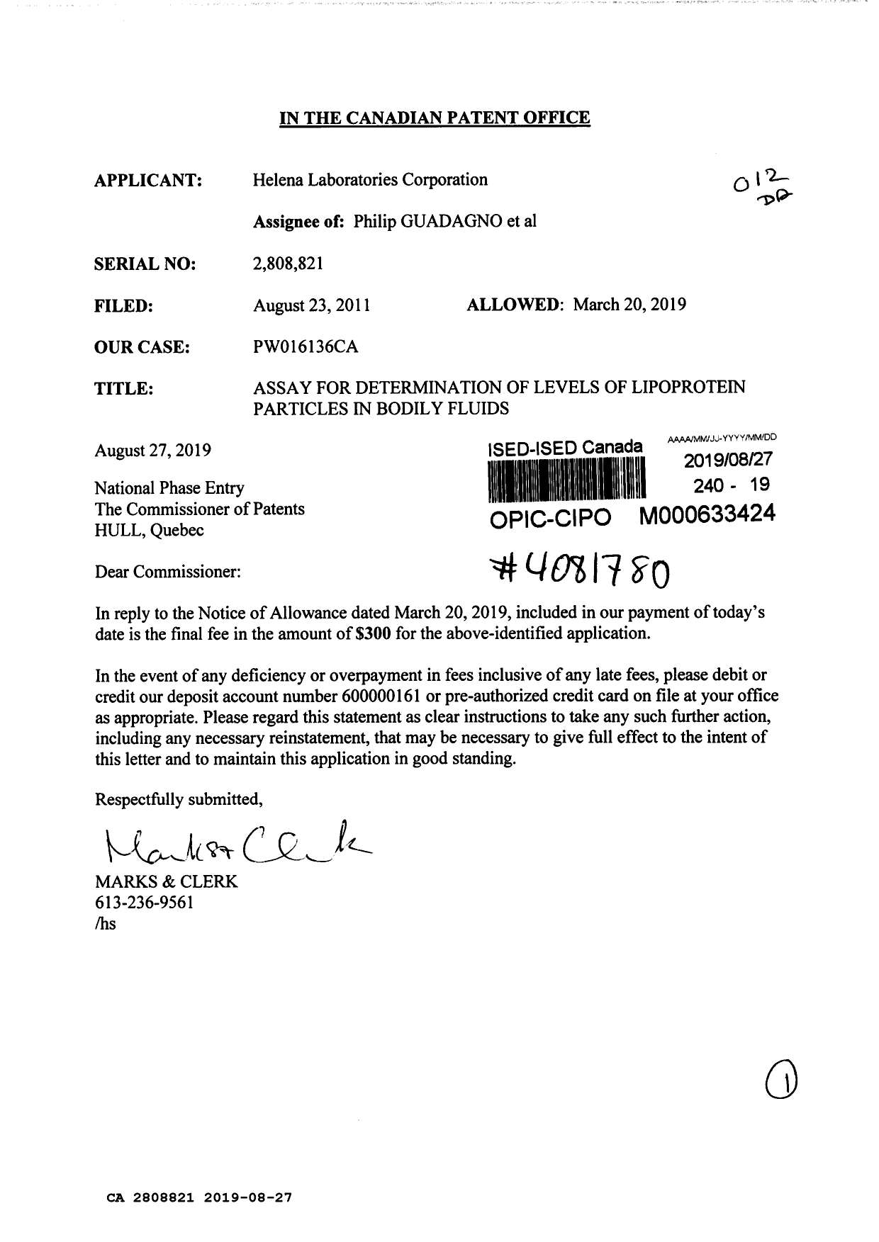 Document de brevet canadien 2808821. Taxe finale 20190827. Image 1 de 1