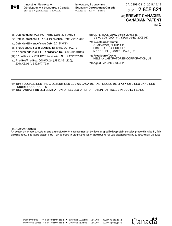 Document de brevet canadien 2808821. Page couverture 20190918. Image 1 de 1