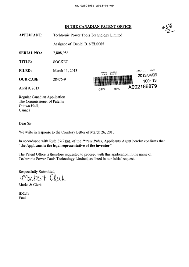 Document de brevet canadien 2808956. Correspondance 20121209. Image 1 de 1