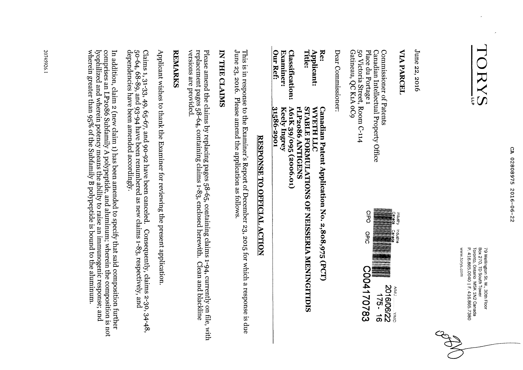 Document de brevet canadien 2808975. Poursuite-Amendment 20151222. Image 1 de 19