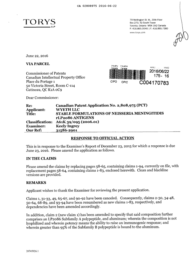 Document de brevet canadien 2808975. Modification 20160622. Image 1 de 19