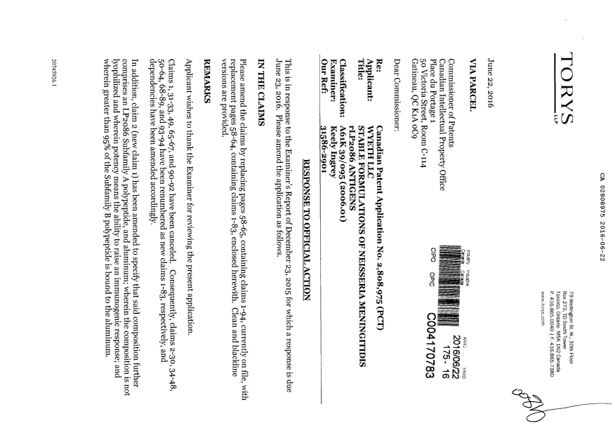 Document de brevet canadien 2808975. Modification 20160622. Image 1 de 19