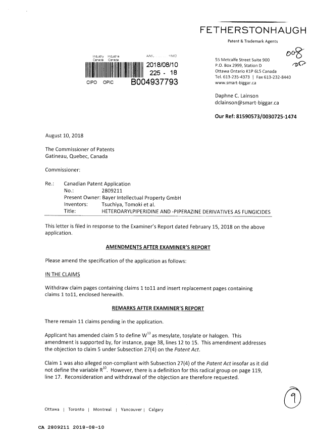 Document de brevet canadien 2809211. Modification 20180810. Image 1 de 9